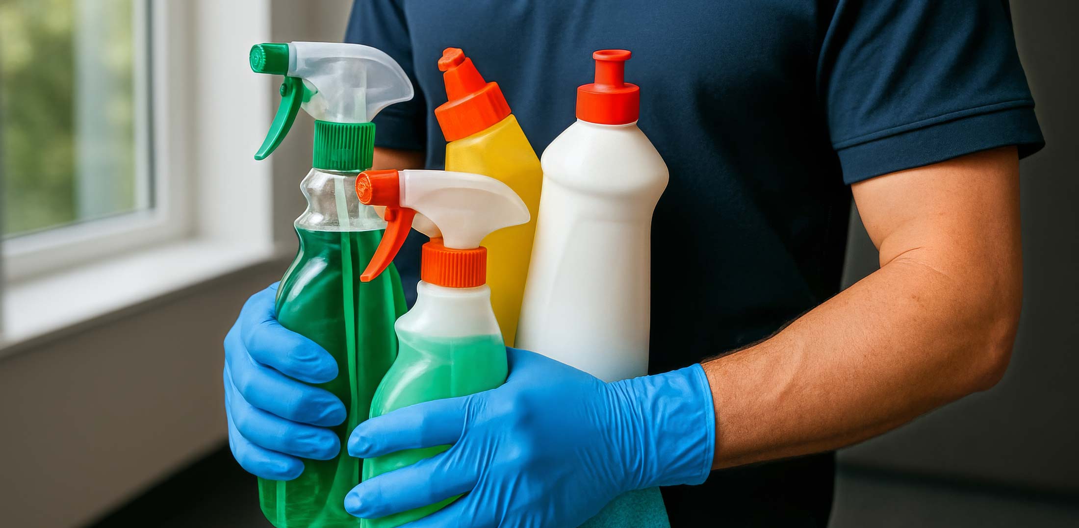A man holding multiple cleaning items