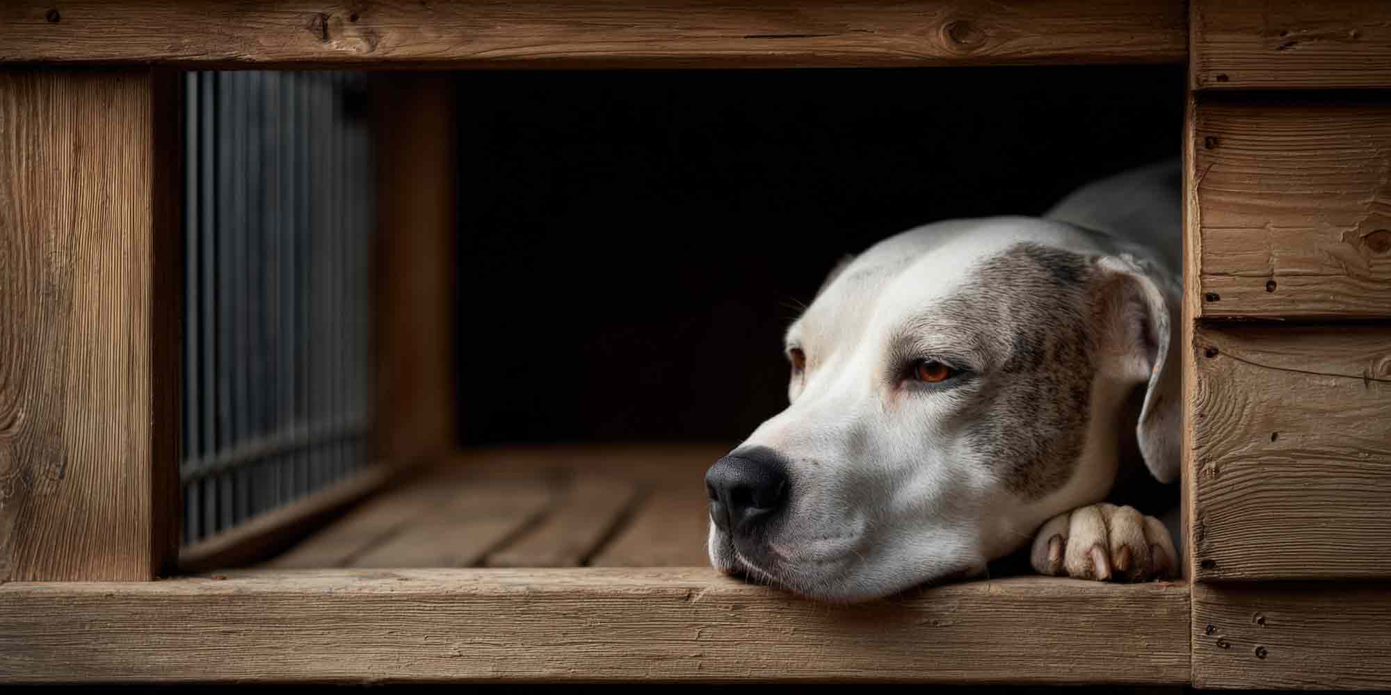 Dog resting in a wooden kennel