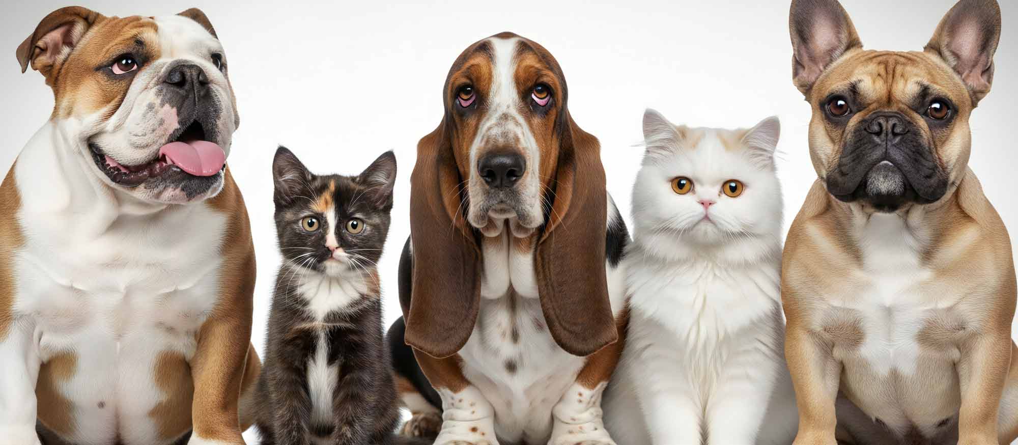 Cats and dogs lining for a photo